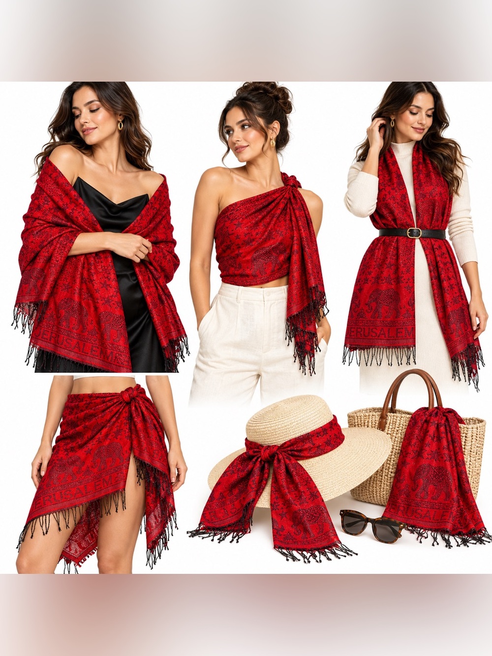 100% Cashmere Elephant Shawl Red Black Woven Pashmina Fringe Wrap